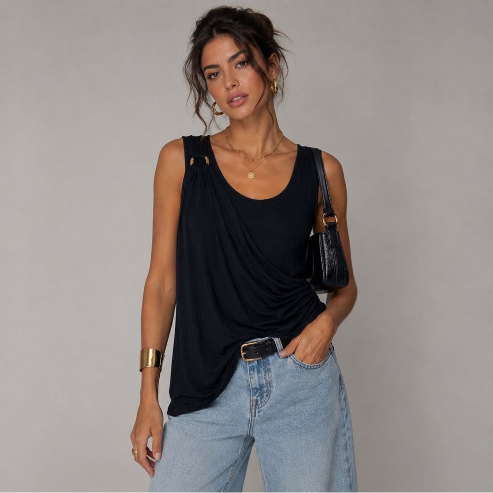 Adrienne Vittadini Solid Black Draped Ring-Shoulder Soft Lightweight Tank Top XL